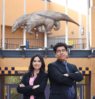 Cynthia (left) and Alexis (right) standing in front of UCI Student Center